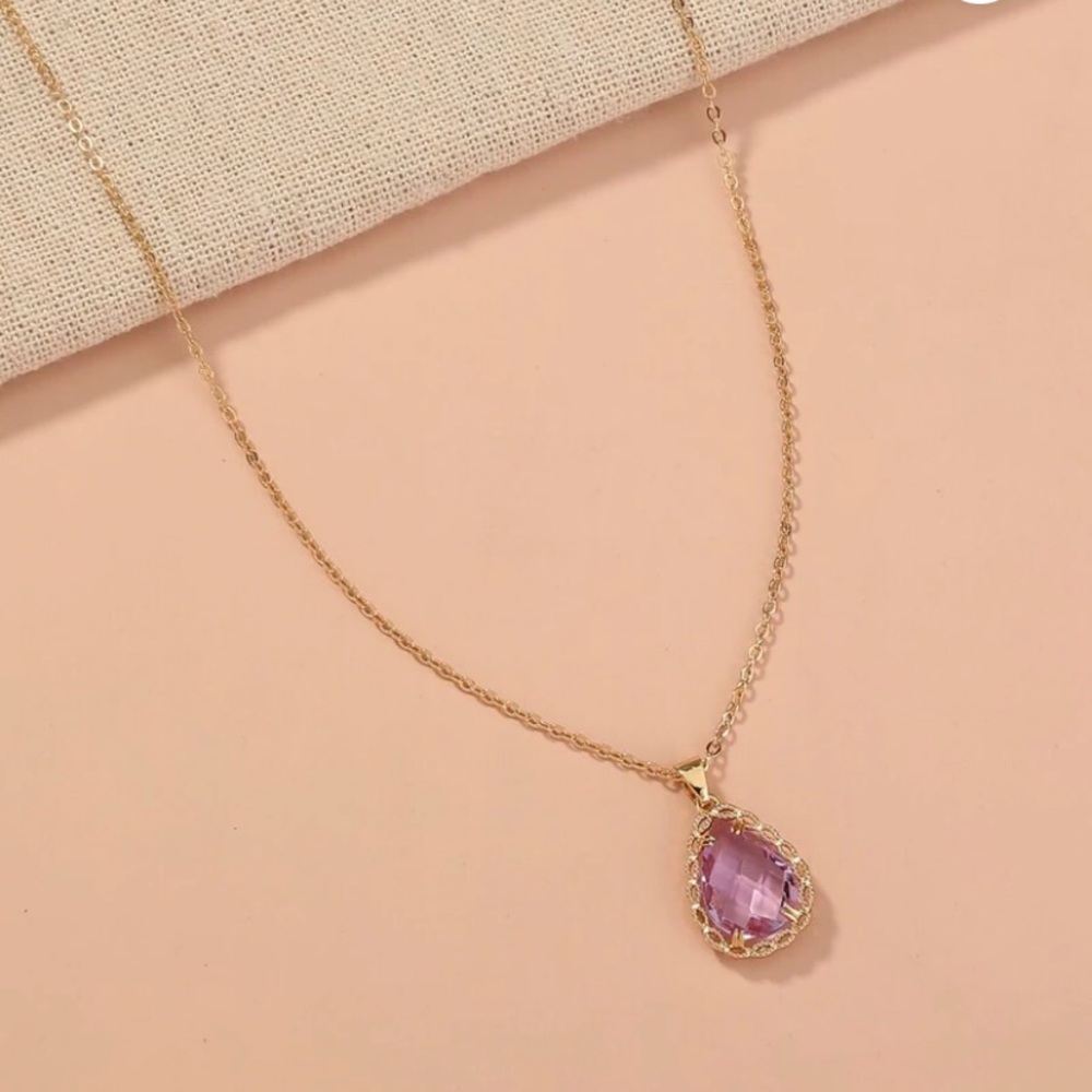 Gold Tone Teardrop Synthetic Amethyst Pendant Necklace New in Package